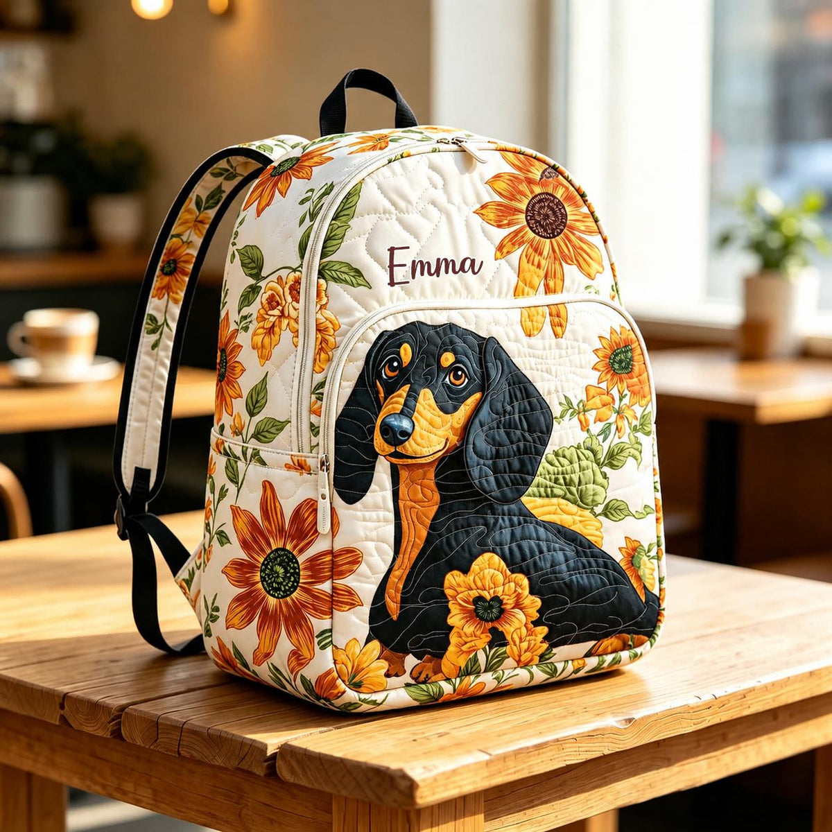 Artisan quilted backpack with a dachshund settled amongst tall sunflowers printed across the front