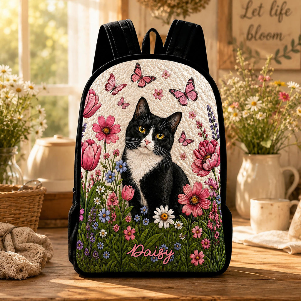Artisan quilted backpack with a black cat sitting amongst white daisies in clean, simple printed shapes