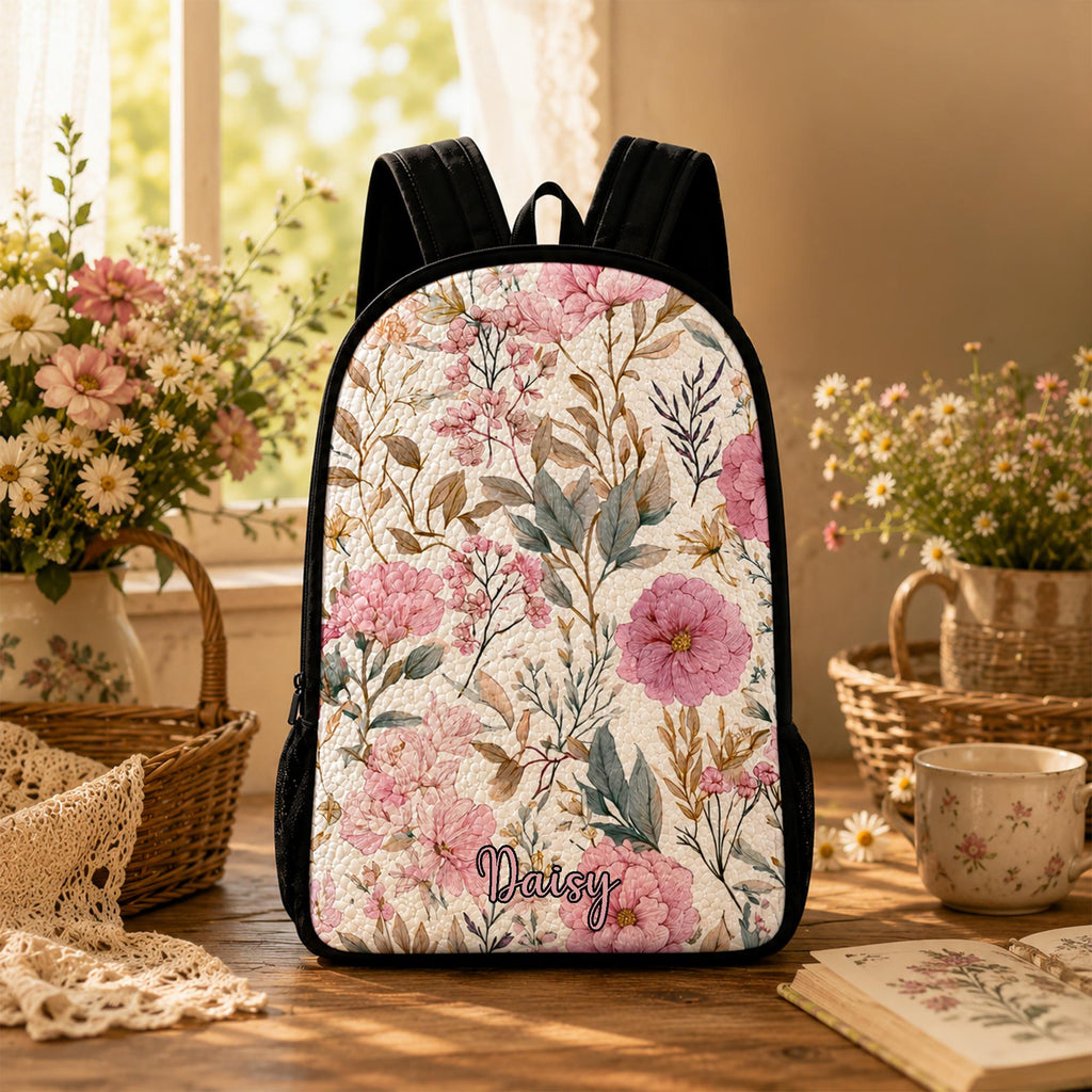 Artisan quilted backpack with soft pink cottage-garden blooms and green leaves covering it top to bottom
