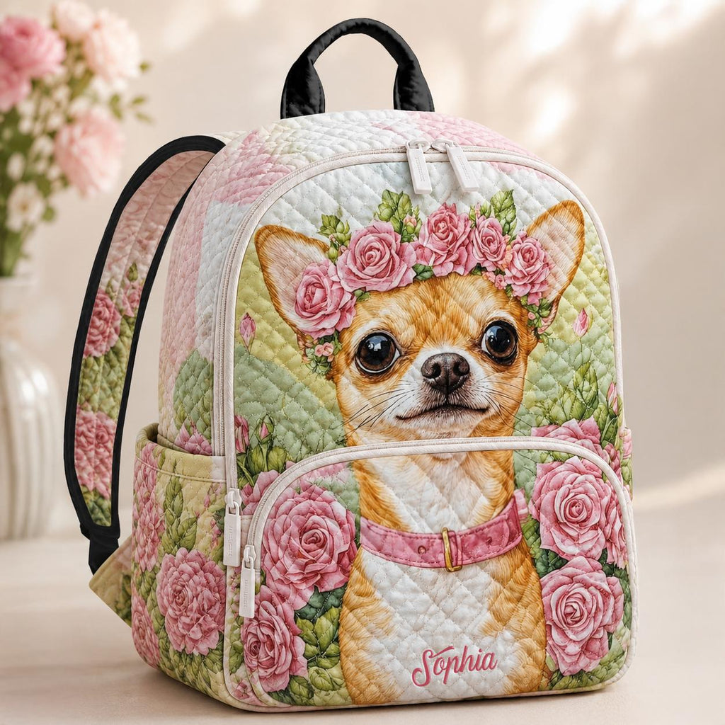 Artisan quilted backpack with a chihuahua framed by a ring of open flowers and green leaves