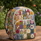 Artisan quilted backpack pieced from squares of flowered cotton in cottage-garden colours