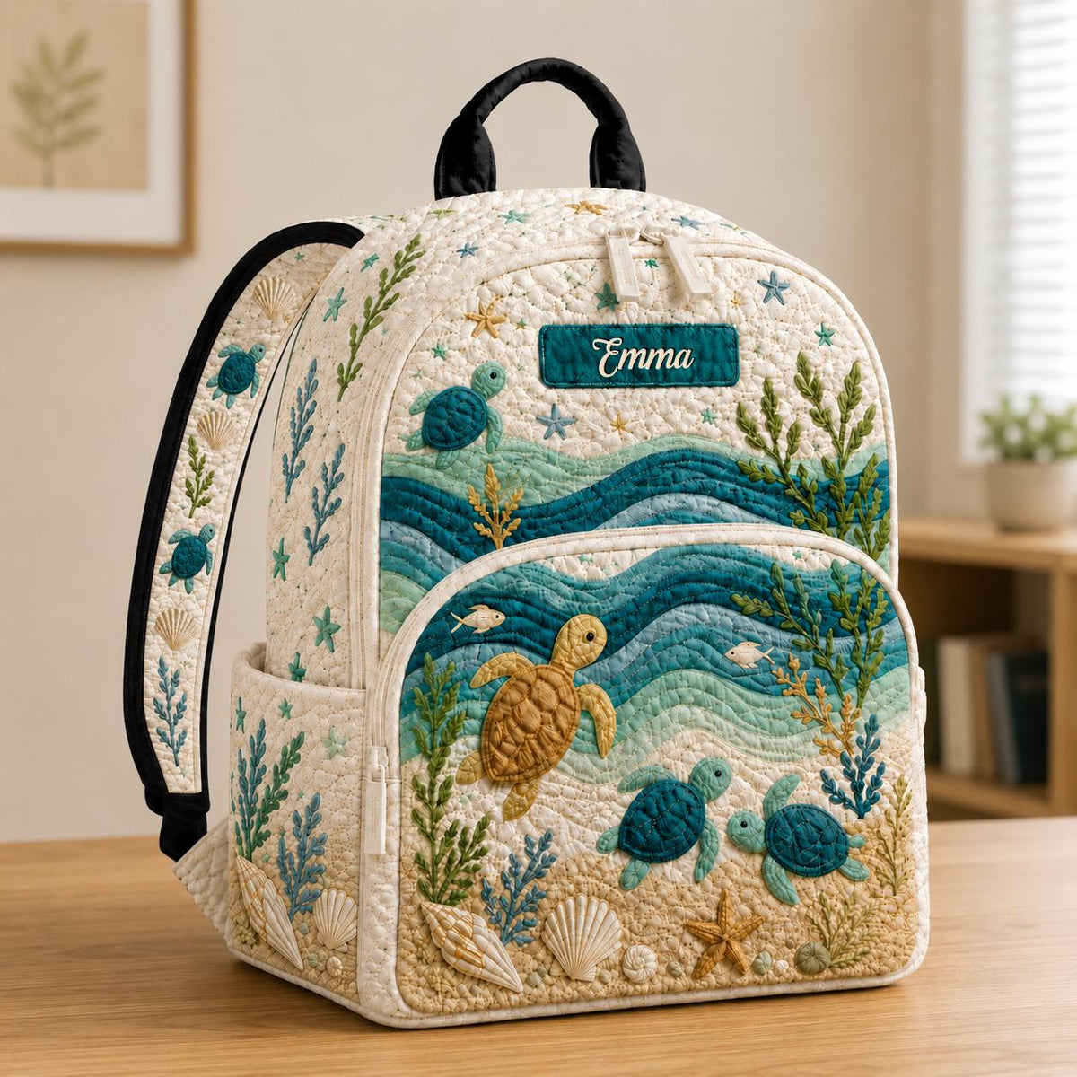 Artisan quilted backpack with a sea turtle gliding through calm blue water, shell marked in green and gold