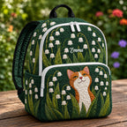 Artisan quilted backpack with a ginger cat sitting amongst white lily of the valley in bloom
