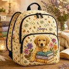 Artisan quilted backpack with a golden retriever drawn in warm honey and cream