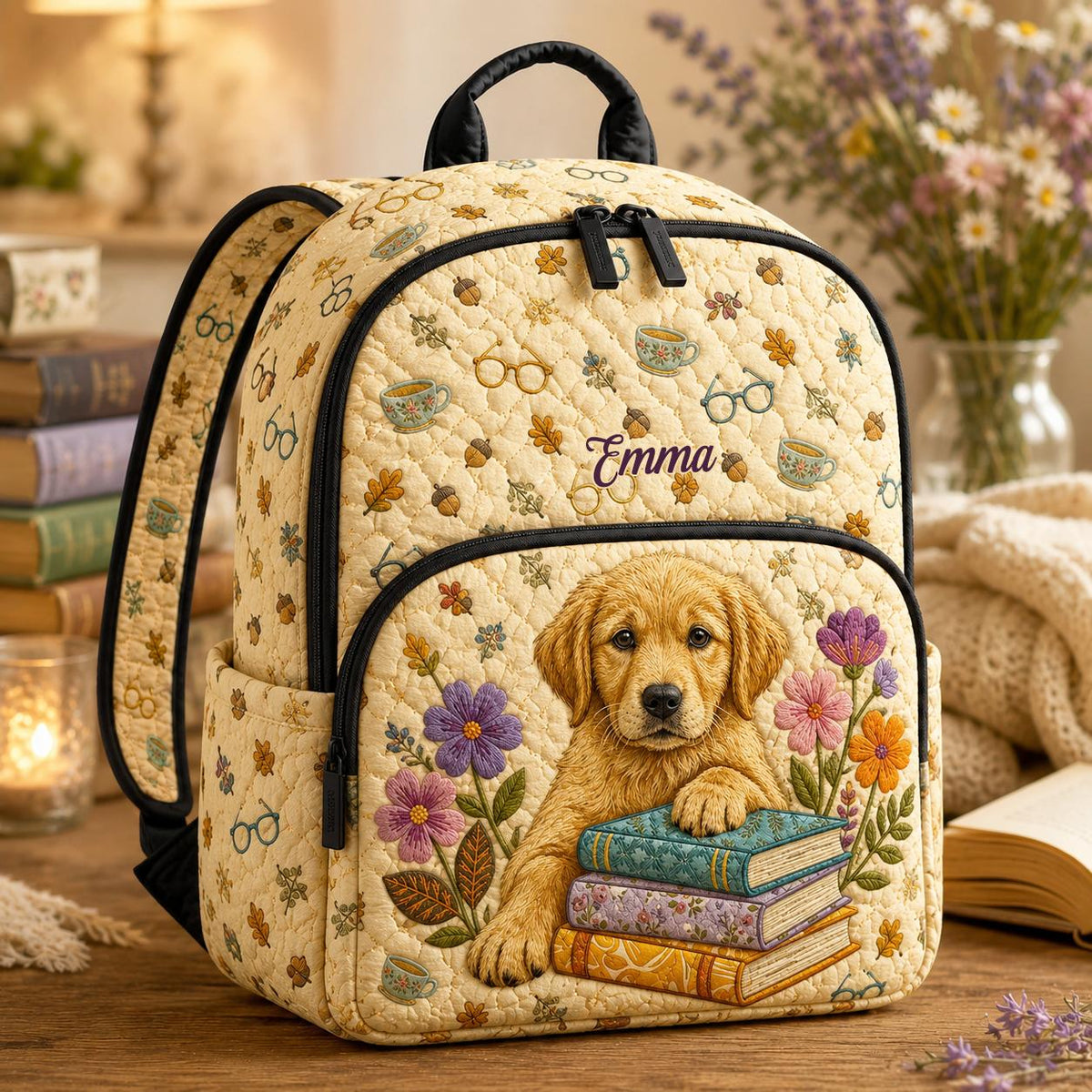 Artisan quilted backpack with a golden retriever drawn in warm honey and cream