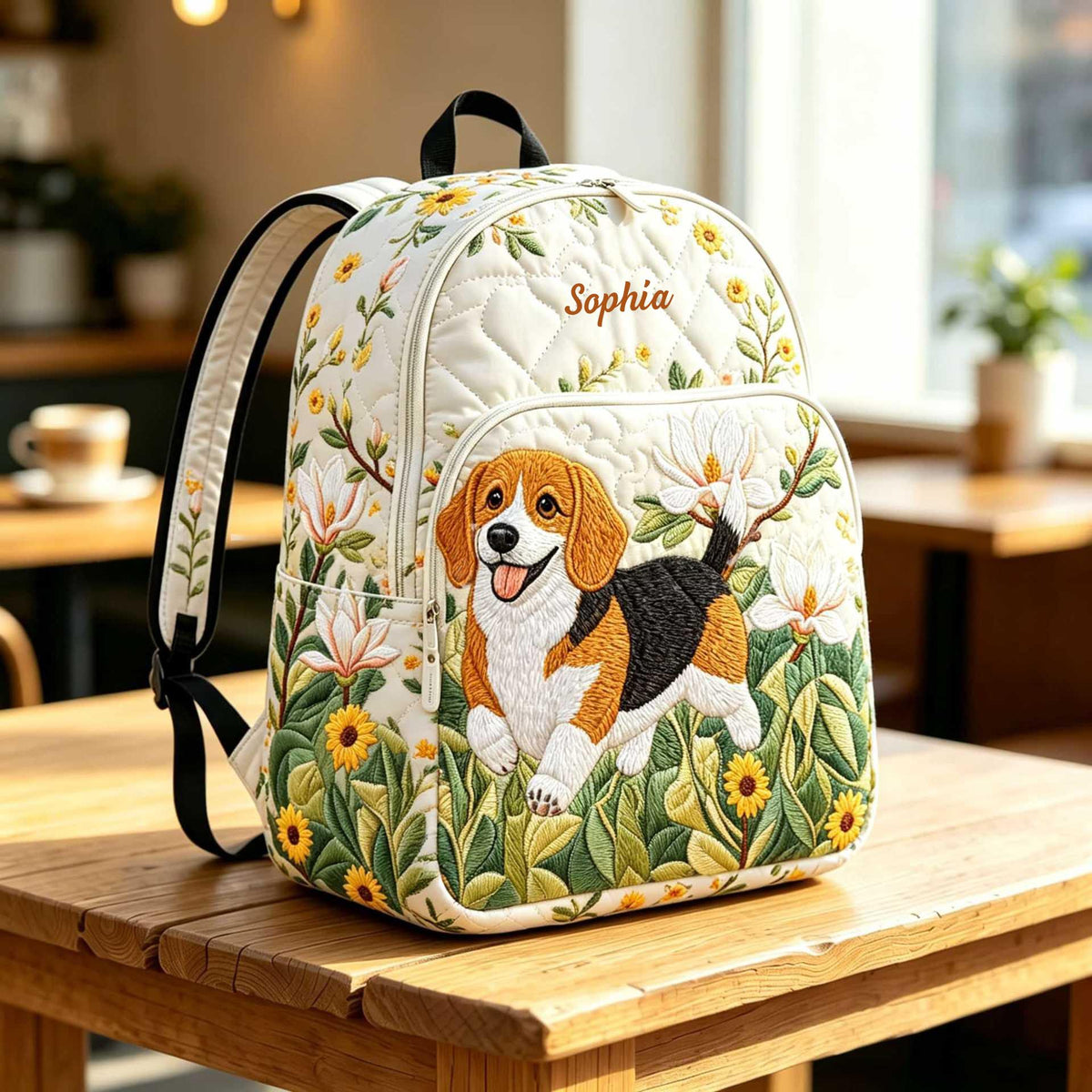 Artisan quilted backpack with a beagle puppy amongst open flowers and leaves, long ears and eyes turned up