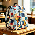 Artisan quilted backpack with a long-bodied dachshund stretched across the front in warm painted colour