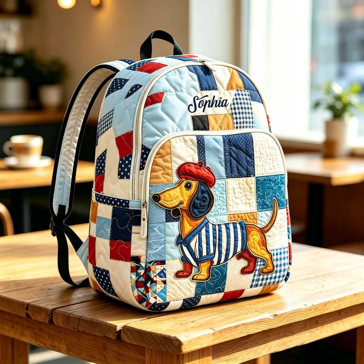 Artisan quilted backpack with a long-bodied dachshund stretched across the front in warm painted colour
