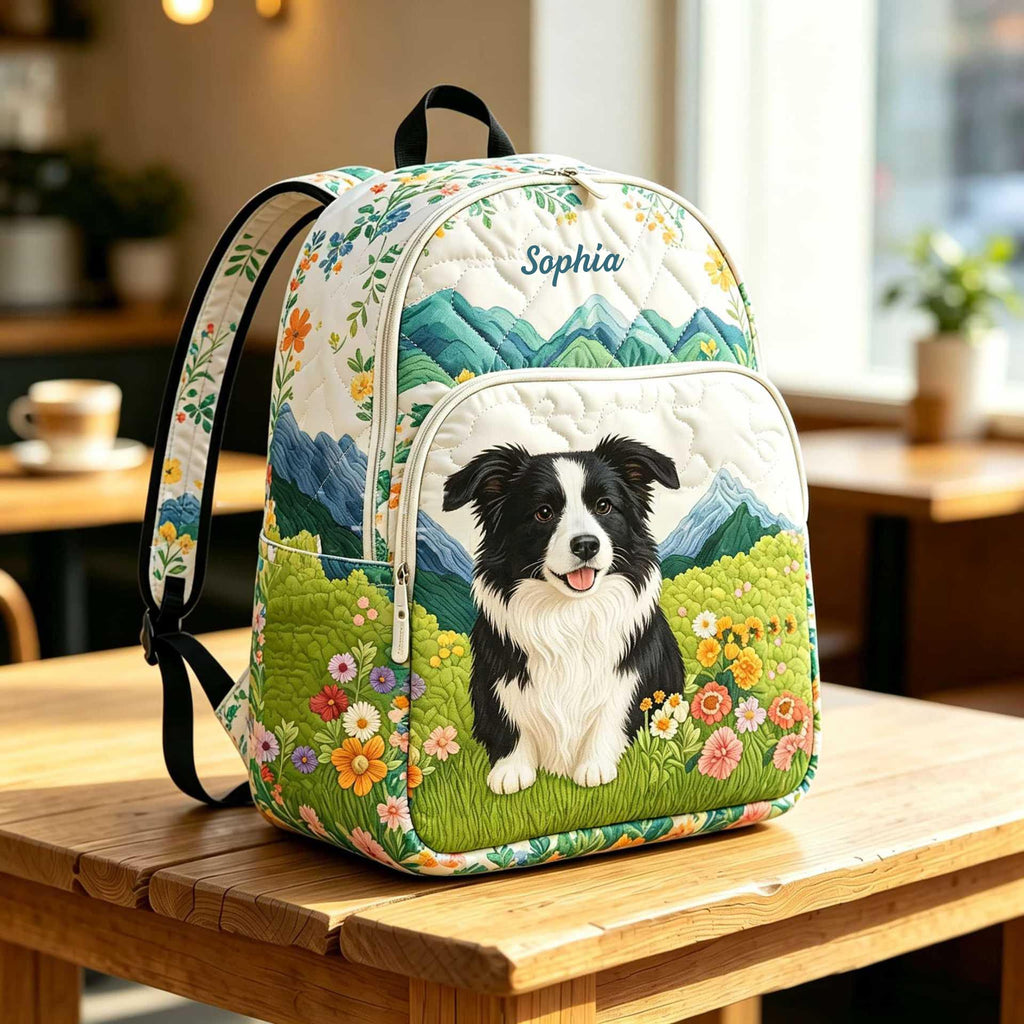Artisan quilted backpack with a border collie looking straight out, ears alert and eyes fixed forward
