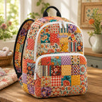 Artisan quilted backpack with a cottage style floral patchwork design in soft faded country colours
