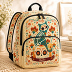 Artisan quilted backpack with a sugar skull cat design in bright folk-art swirls, blooms and dots