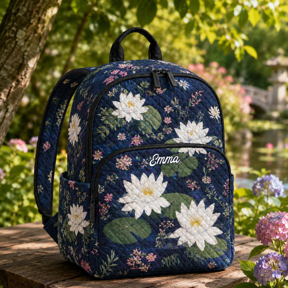 Artisan quilted backpack with water lilies opening across still water in pale petals and green pads