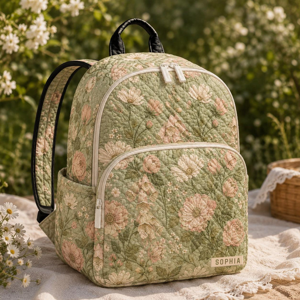 Artisan quilted backpack scattered with soft pink, lilac and cream blooms and fine green leaves