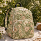Artisan quilted backpack scattered with soft pink, lilac and cream blooms and fine green leaves