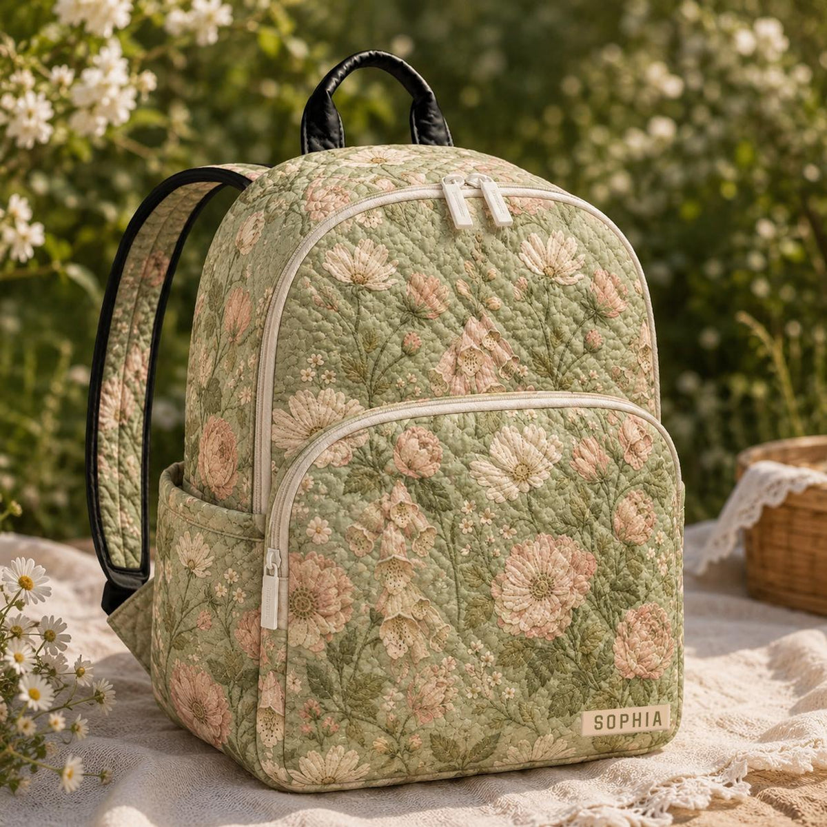 Artisan quilted backpack scattered with soft pink, lilac and cream blooms and fine green leaves