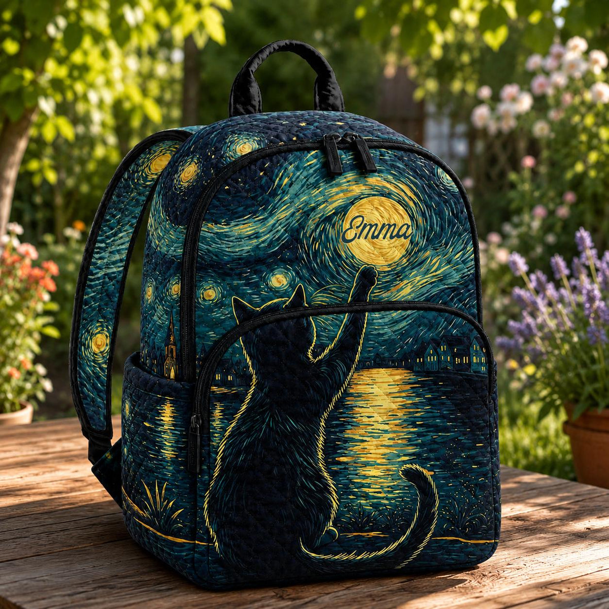 Artisan quilted backpack with a cat sitting beneath a swirling starry sky of deep blues and gold