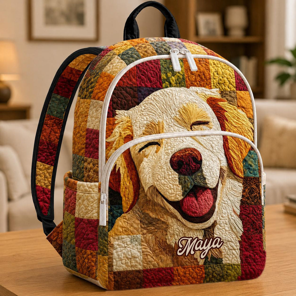 Artisan quilted backpack with a golden retriever beneath a swirling sky of deep blues and stars