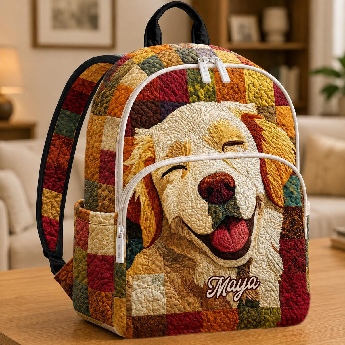 Artisan quilted backpack with a golden retriever beneath a swirling sky of deep blues and stars