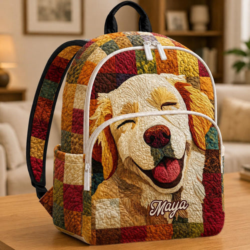 Artisan quilted backpack with a golden retriever beneath a swirling sky of deep blues and stars