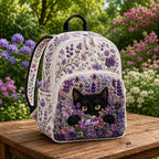 Artisan quilted backpack with a black cat sitting amongst tall purple lavender across the quilted front panel