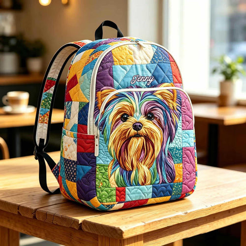 Artisan quilted backpack with a yorkshire terrier portrait in vivid colour against a bright background