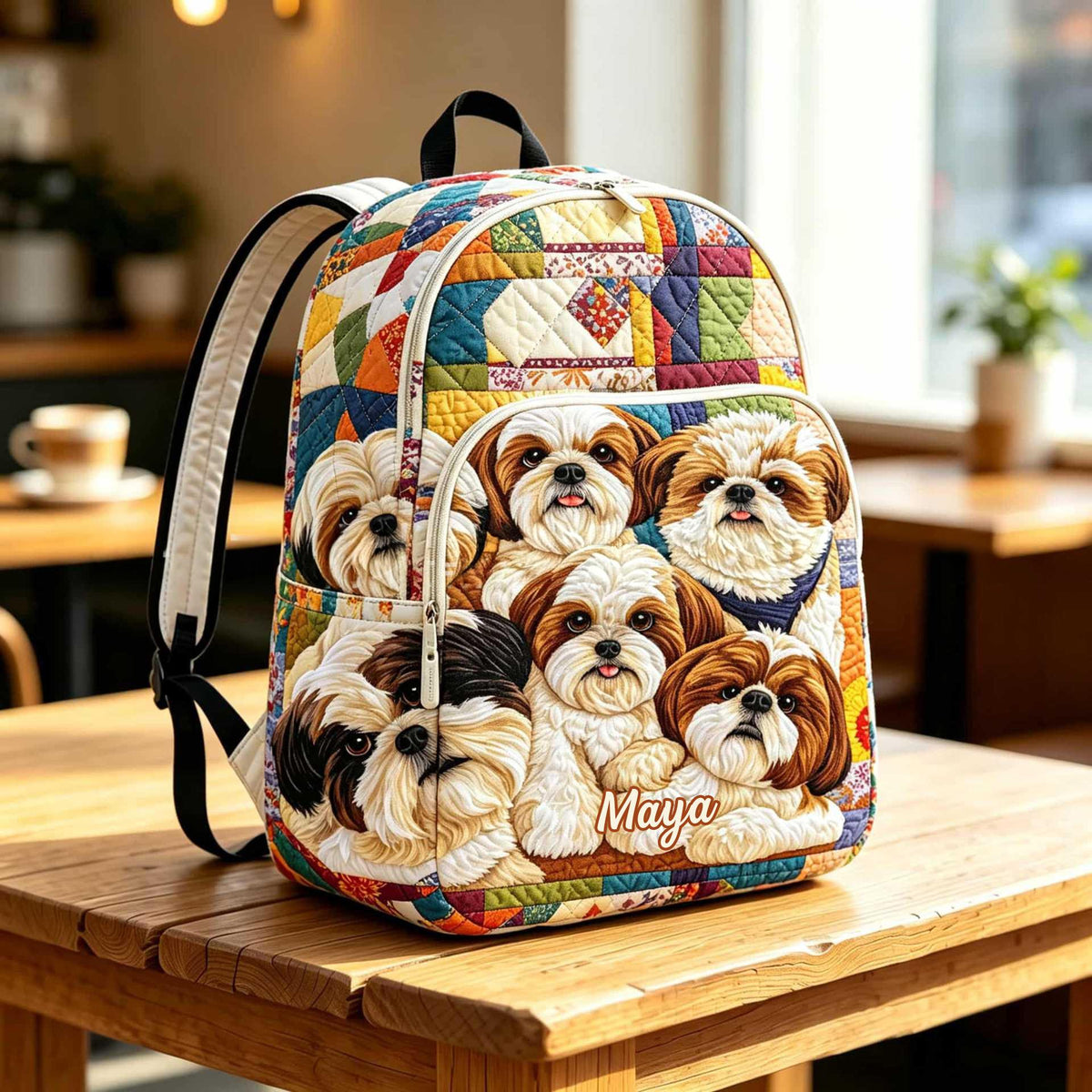 Artisan quilted backpack with a patchwork Shih Tzu pieced from soft printed fabrics across the quilted front panel