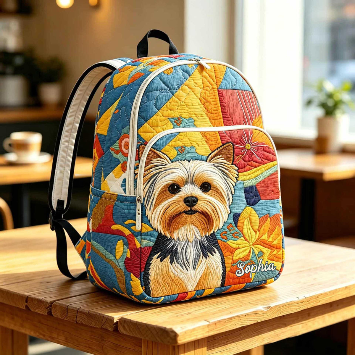 Artisan quilted backpack with a Yorkshire terrier portrait in tan and steel grey across the quilted front panel