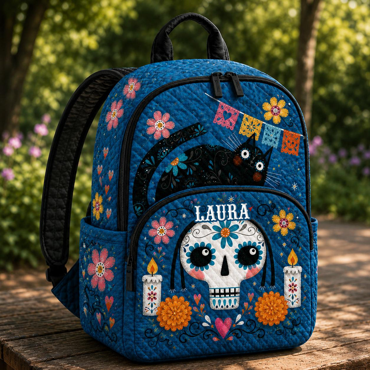Artisan quilted backpack with sugar skulls amongst blue flowers and fine white scrollwork on quilted fabric