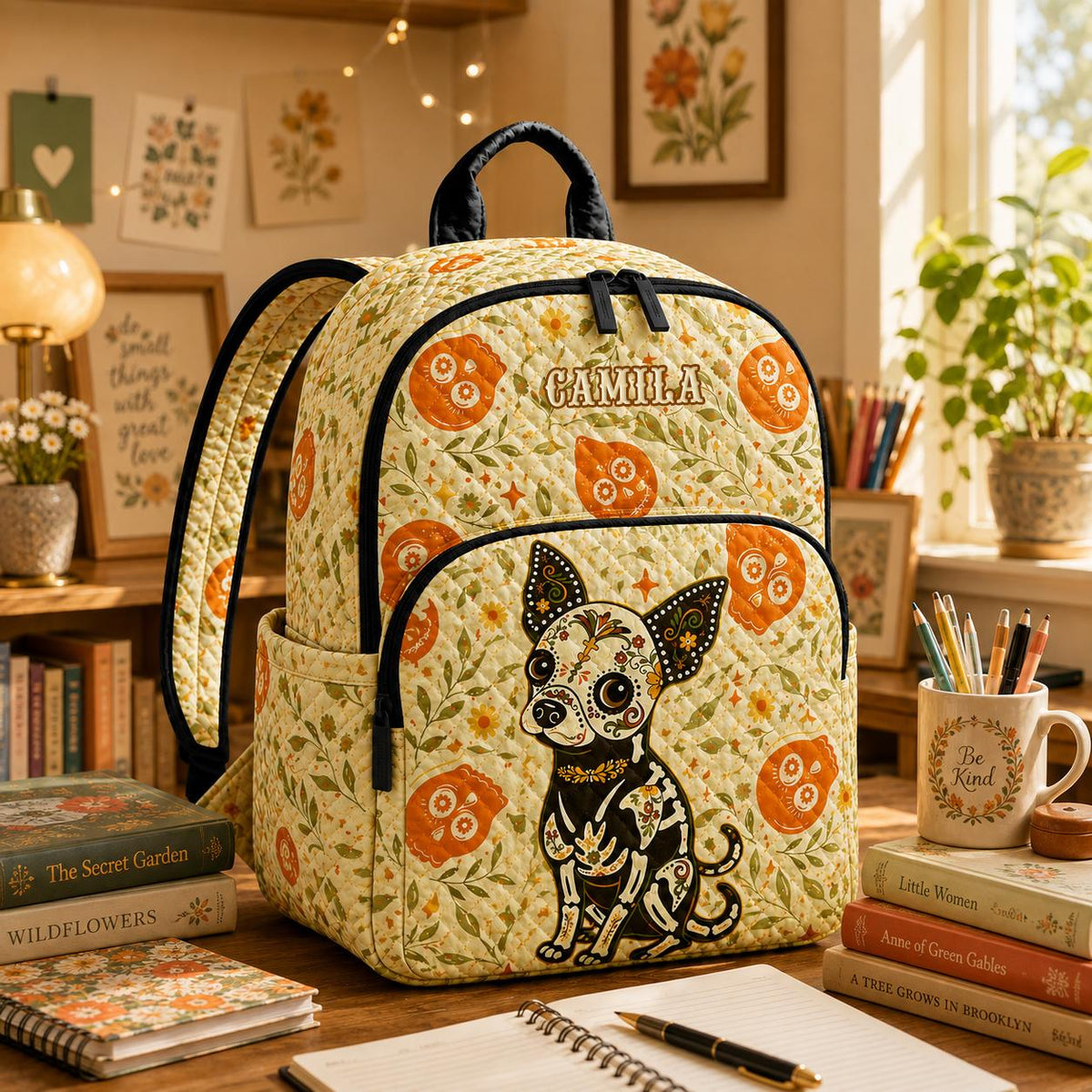 Artisan quilted backpack with a sugar skull chihuahua drawn in decorative Day of the Dead style with flowers