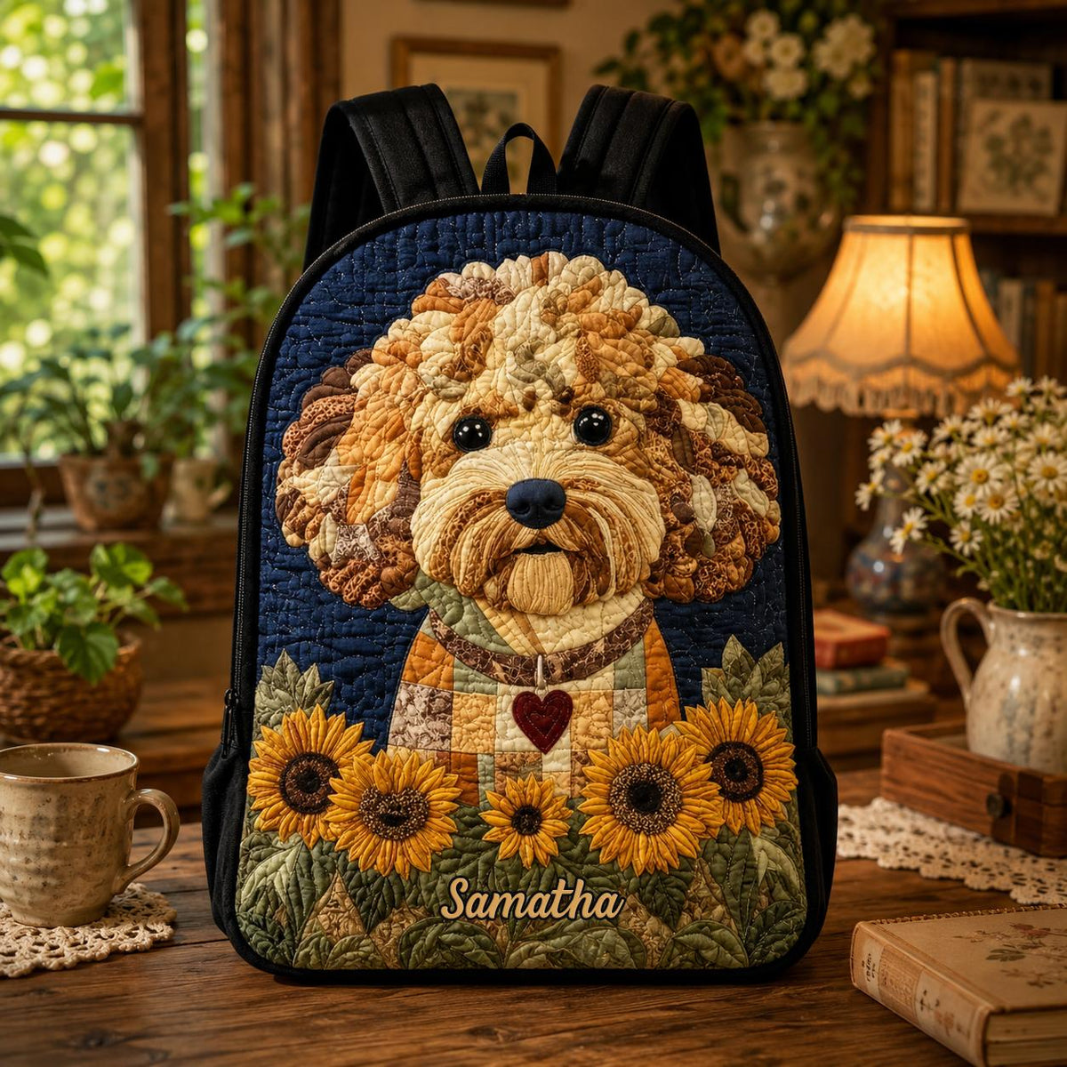 Artisan quilted backpack with a curly goldendoodle looking out from the front, framed by tall sunflowers