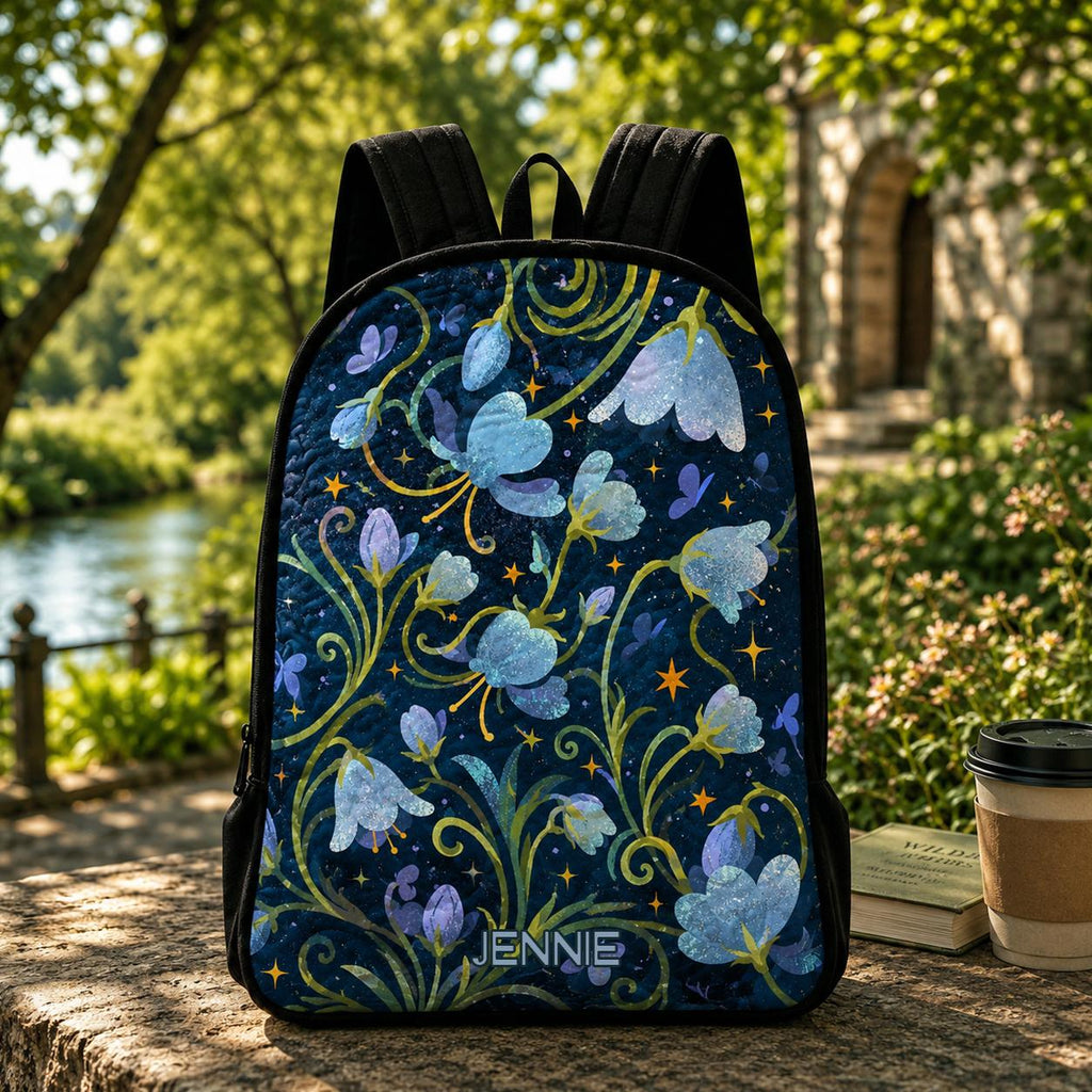 Artisan quilted backpack with tall bluebells against a swirling starry night sky in deep blue and gold