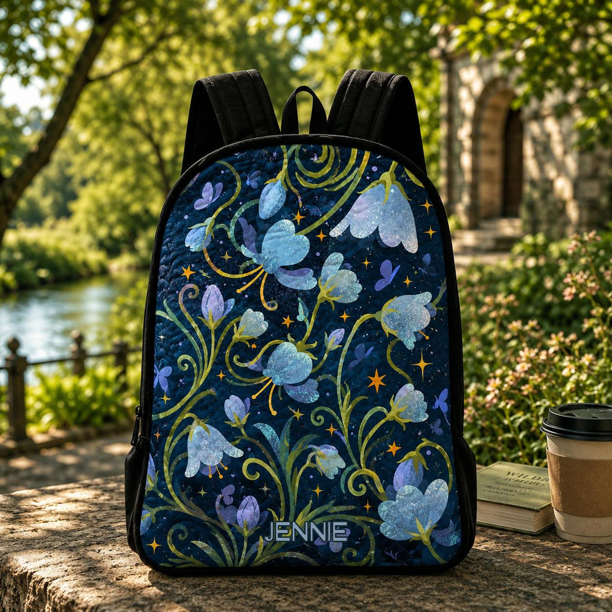 Artisan quilted backpack with tall bluebells against a swirling starry night sky in deep blue and gold
