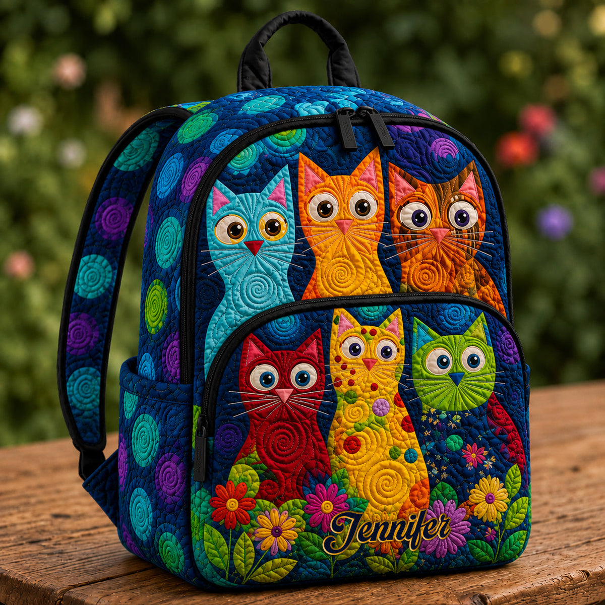 Artisan quilted backpack covered with cats, each one with its own markings and character