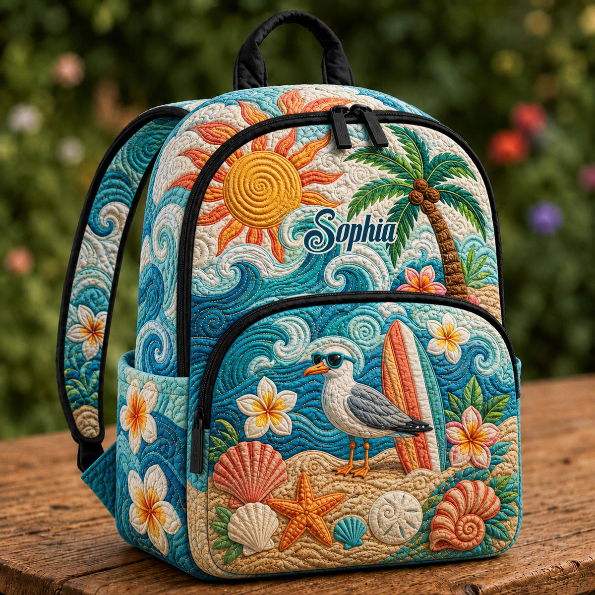 Artisan quilted backpack with seagulls wheeling above palm trees in soft coastal blues and warm sand tones