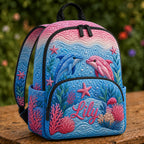 Artisan quilted backpack with dolphins arcing through open blue water in ocean blues and greys