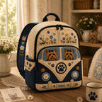 Artisan quilted backpack with a Yorkshire terrier beside a camper van in tan and steel grey
