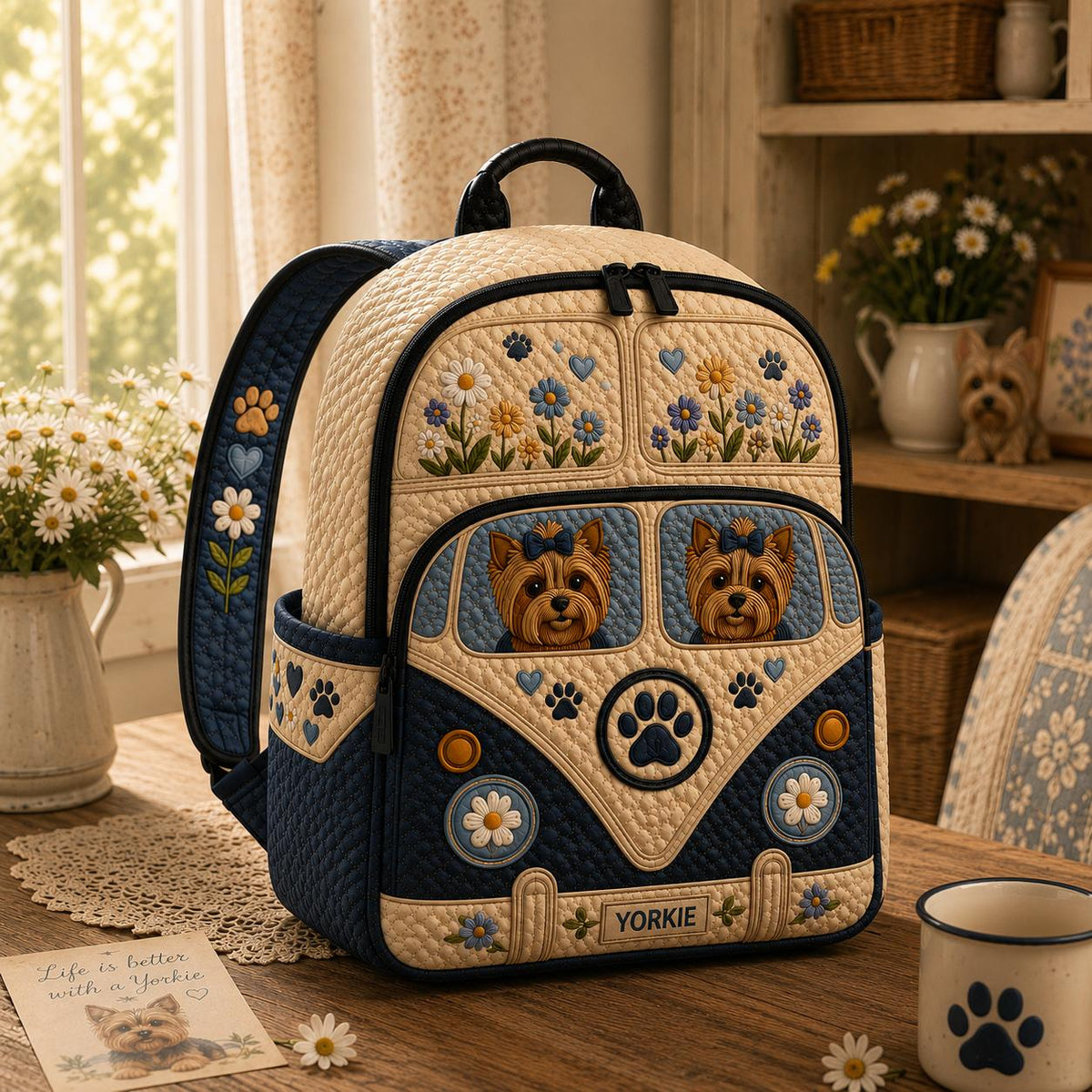 Artisan quilted backpack with a Yorkshire terrier beside a camper van in tan and steel grey