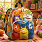 Artisan quilted backpack with a long-haired cat pieced together from bright patchwork prints