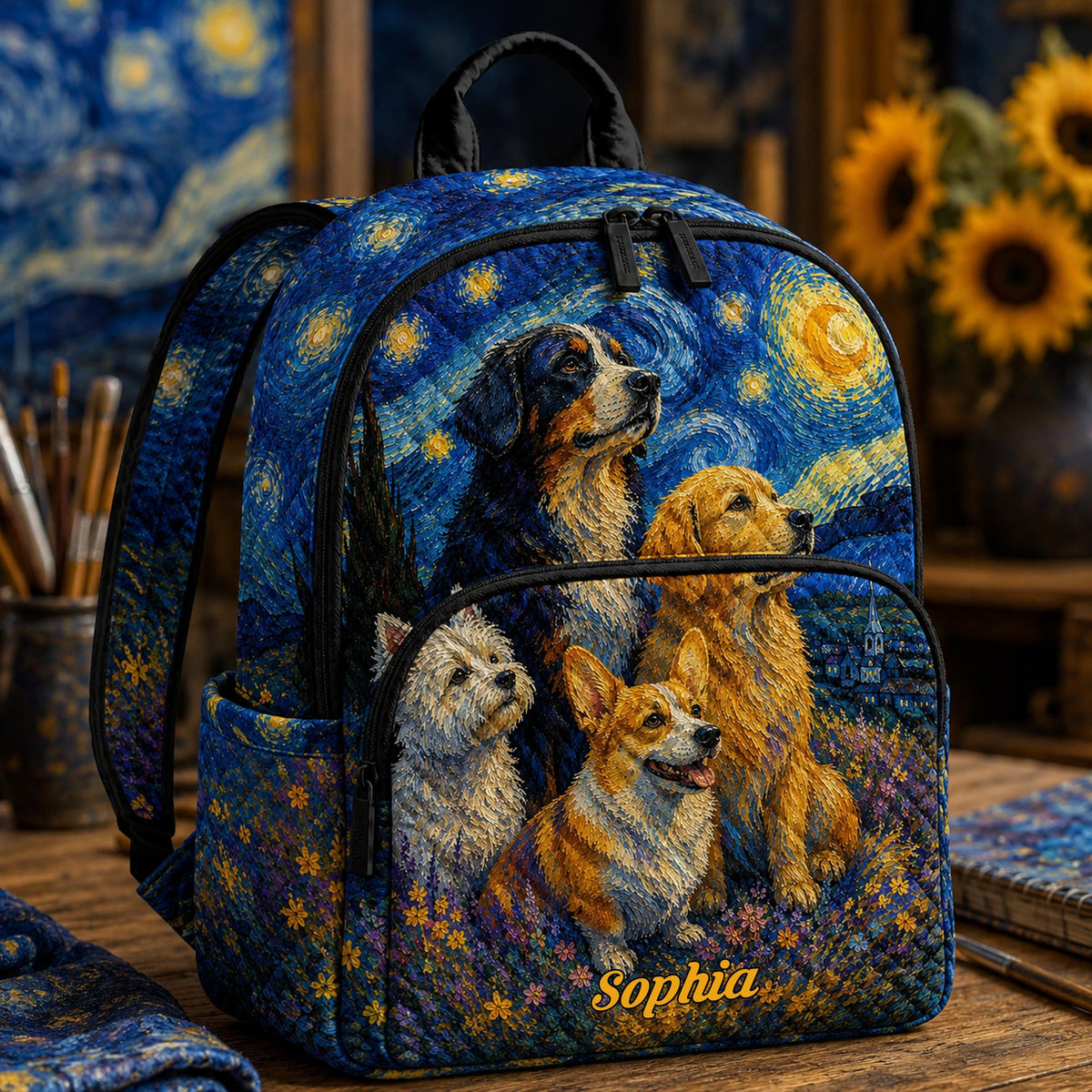 Artisan quilted backpack with Van Gogh's swirling Starry Night sky in deep blue and yellow starlight