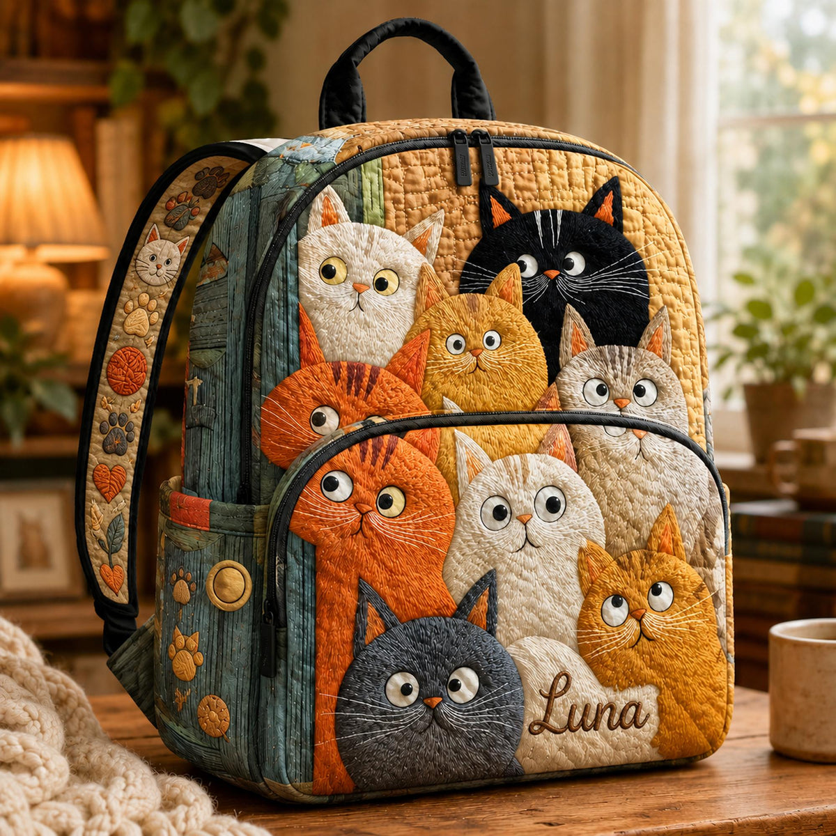 Artisan quilted backpack with a patchwork kitten pieced from small printed fabrics across the quilted front panel