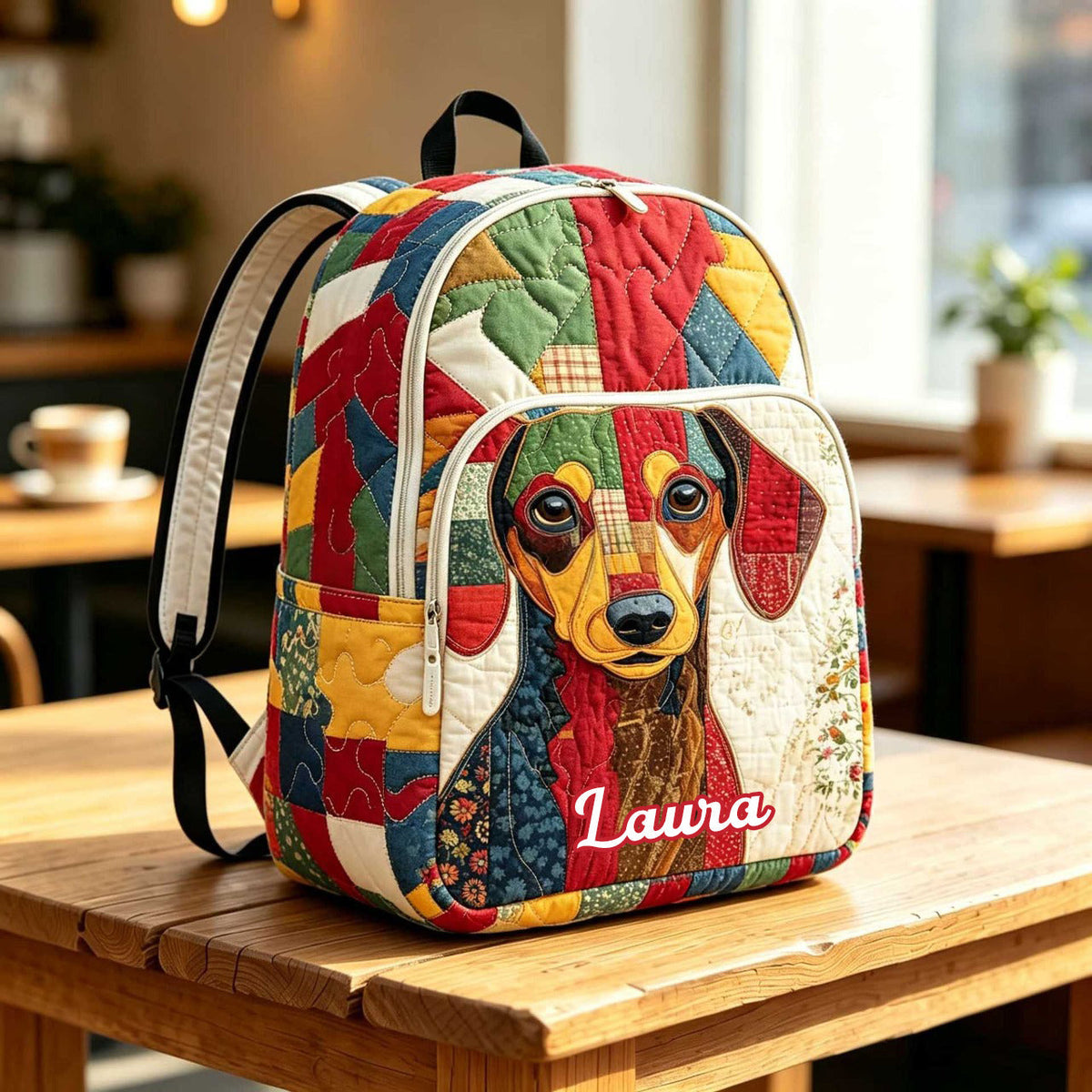 Artisan quilted backpack with a dachshund pieced together from patchwork squares and stitched printed shapes