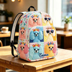 Artisan quilted backpack with a puppy dressed up in bright cheerful colours, front and centre on the bag
