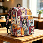 Artisan quilted backpack with a french bulldog portrait, bat ears up, painted in warm colours