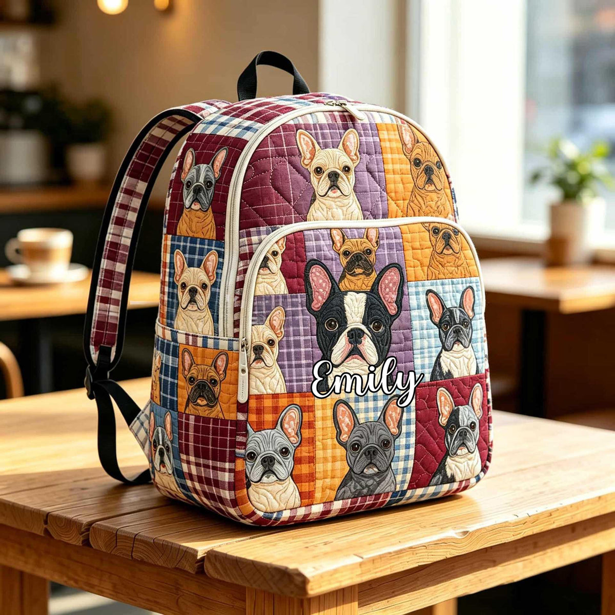 Artisan quilted backpack with a french bulldog portrait, bat ears up, painted in warm colours