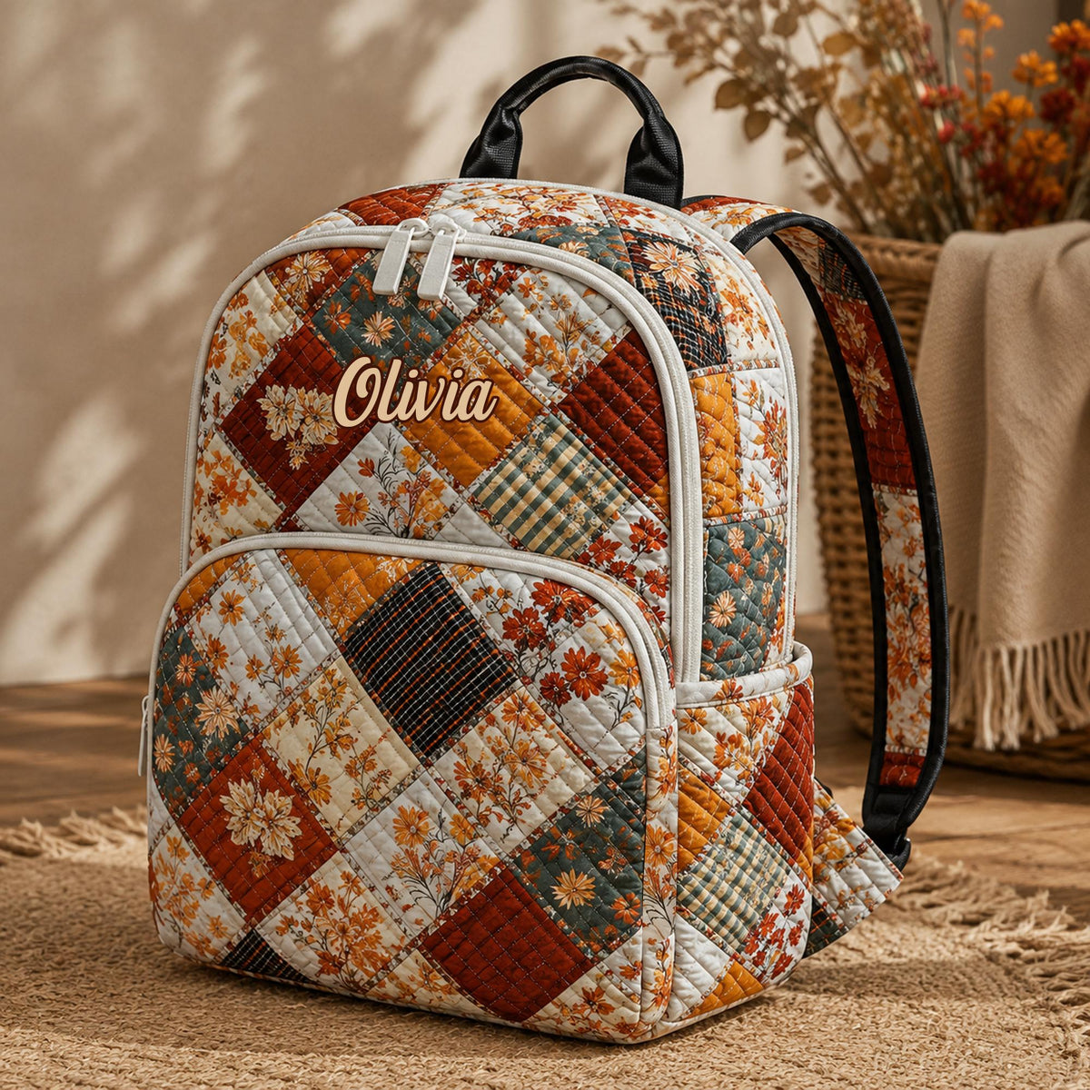 Artisan quilted backpack with a soft coquette floral design of small flowers scattered on a pale ground