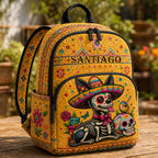 Artisan quilted backpack with a Day of the Dead skeleton cat walking amongst decorative flowers and patterns