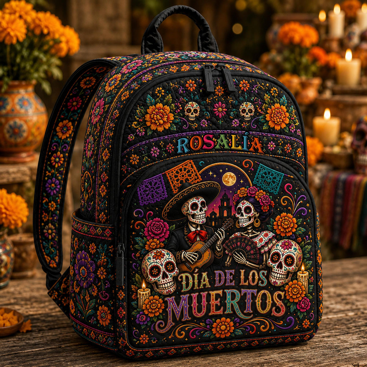 Artisan quilted backpack with a Day of the Dead design of painted skulls, marigolds and fine scrollwork