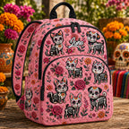 Artisan quilted backpack with a pink sugar skull dog face framed by flowers and swirls on quilted fabric