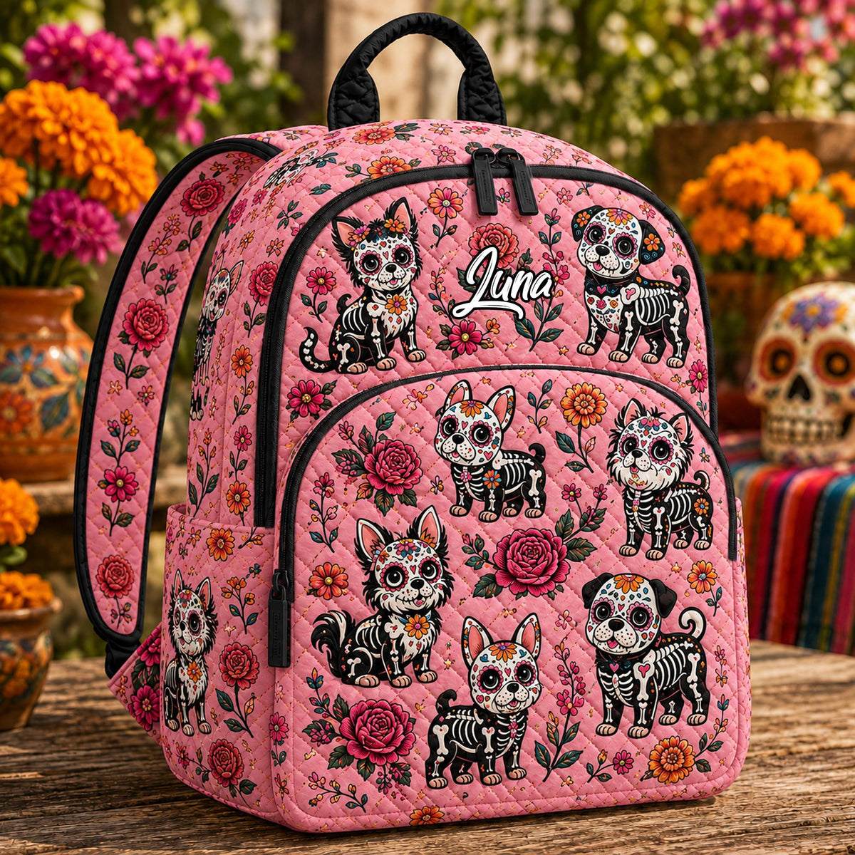 Artisan quilted backpack with a pink sugar skull dog face framed by flowers and swirls on quilted fabric