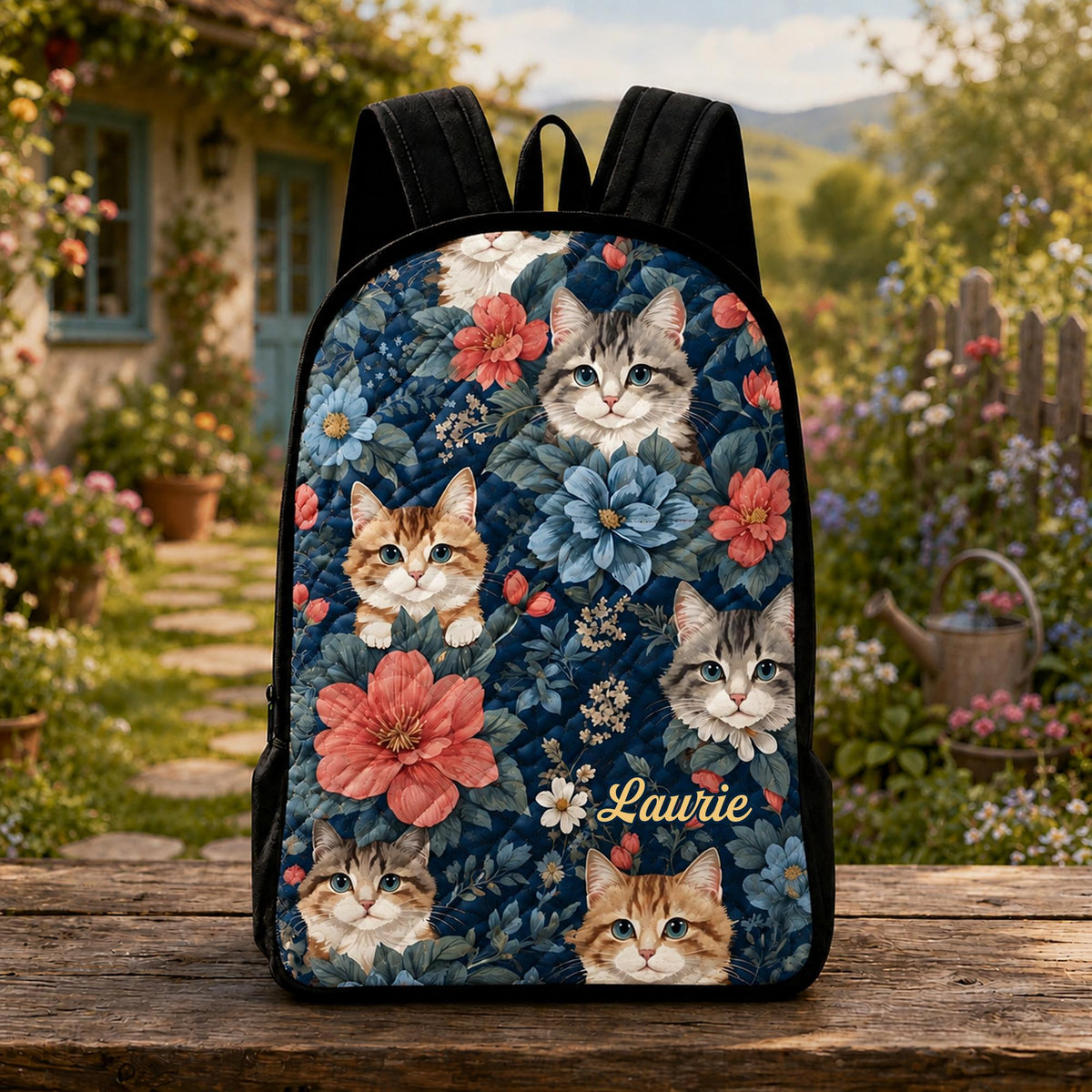 Artisan quilted backpack with a kitten looking out from the middle, framed by open flowers and leaves